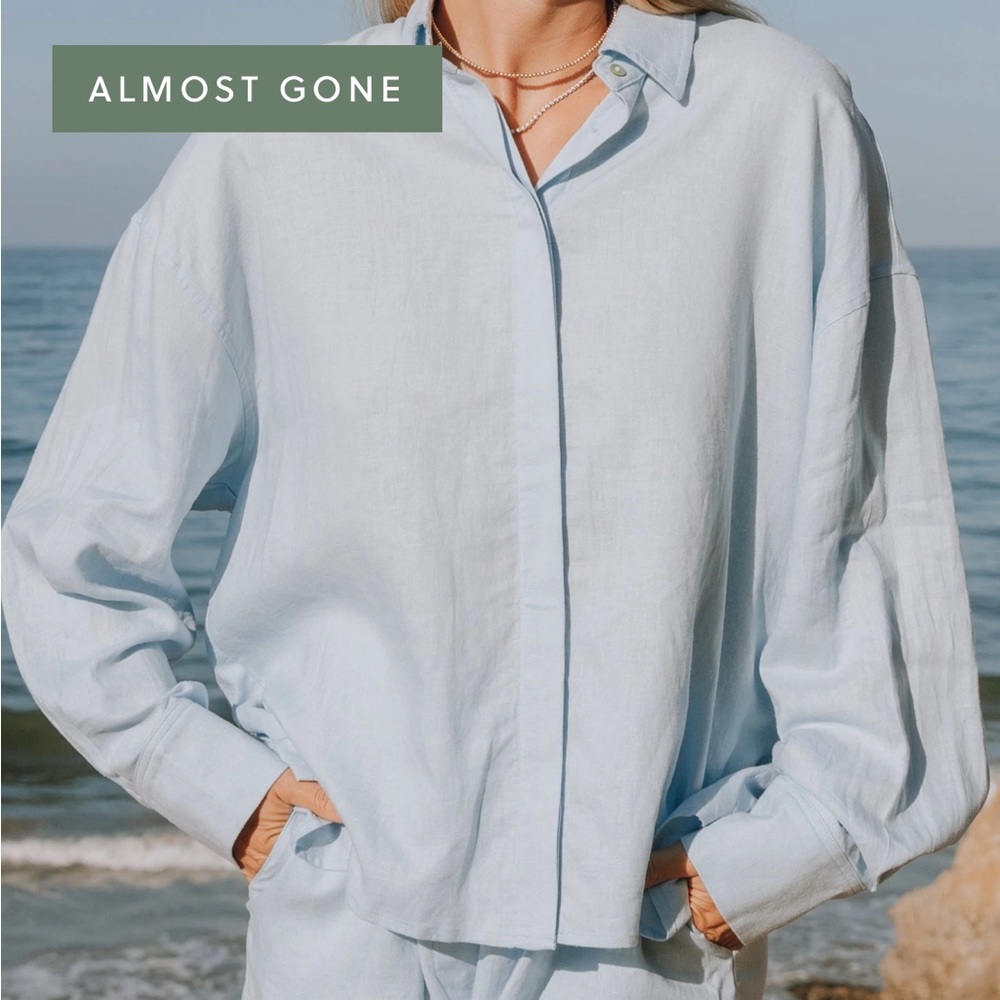 DAILY DRILLS LINEN TOP IN PACIFIC!